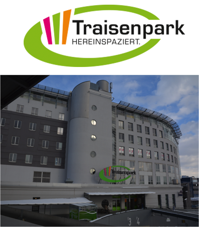 EKZ Traisenpark – Bürogebäude Außenansicht mit Eingang zum Ärztezentrum und Logo des Traisenparks